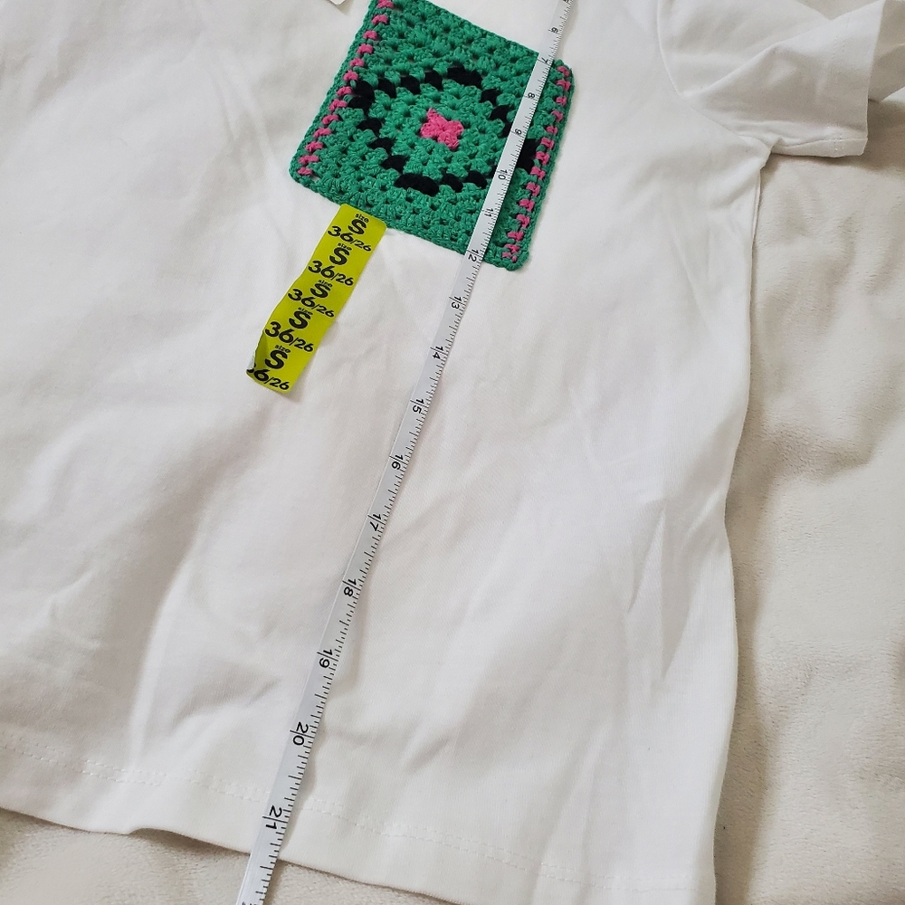 Zara White Cotton T-Shirt, Handmade Knitted Pocket Size S - Picture 7 of 8